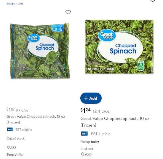 Great Value Spinach package