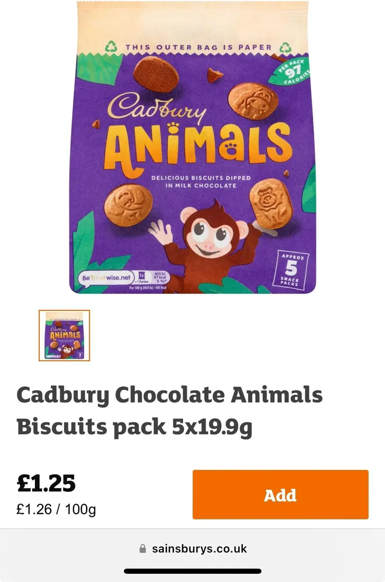 Cadbury animal biscuits — 7ct to 5ct