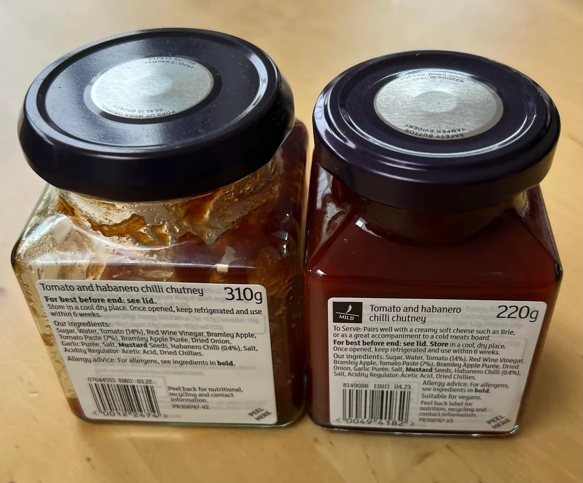 Sainsbury's Tomato and habanero chilli chutney — 310ml to 220ml
