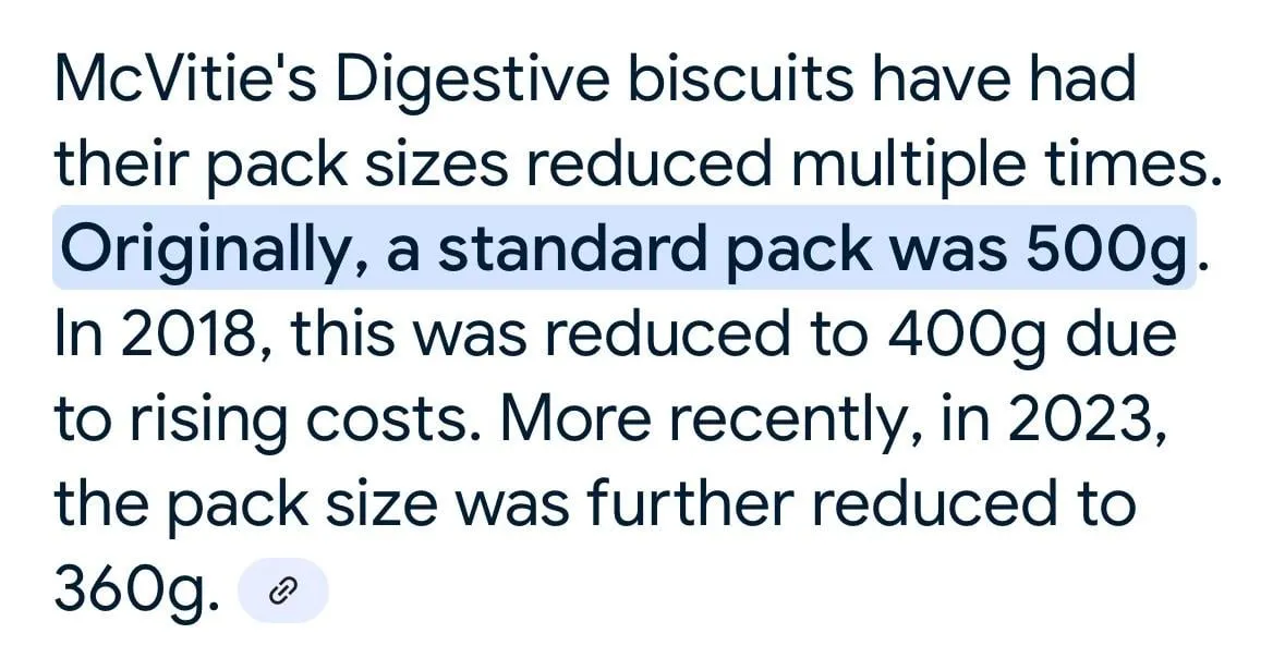 McVitie's chocolate digestives — 500g to 360g