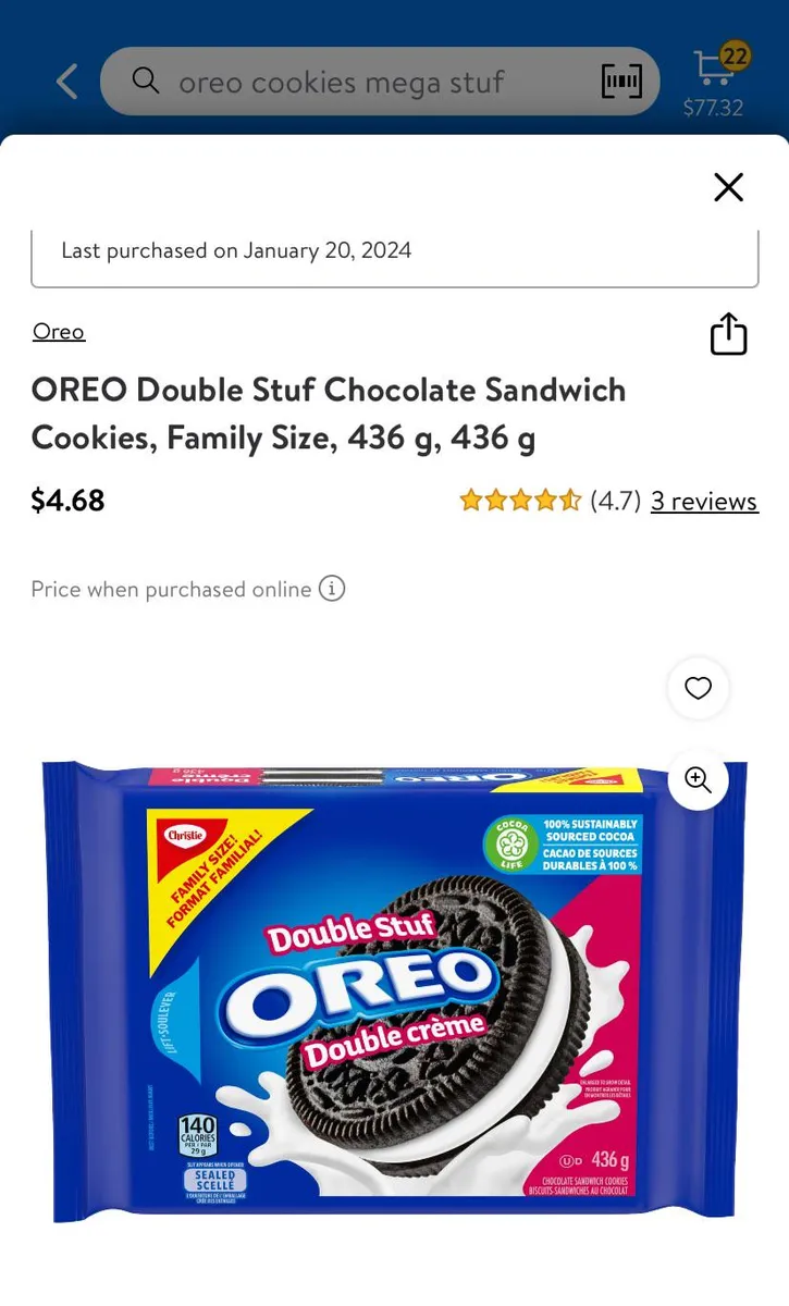 Nabisco Oreos Family Size package