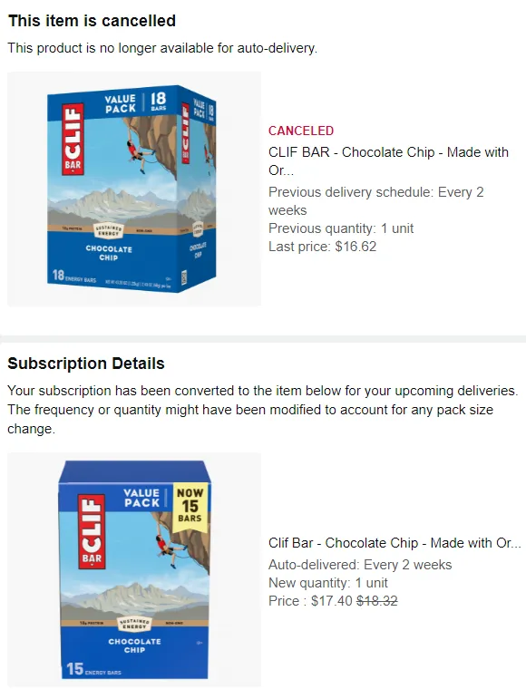 Clif Chocolate Chip CLIF Bar — 18ct to 15ct