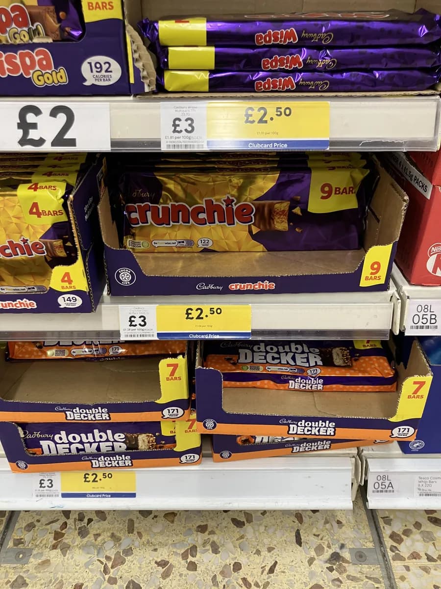 Cadbury Double Decker, Wispa, Dairy Milk multipacks package