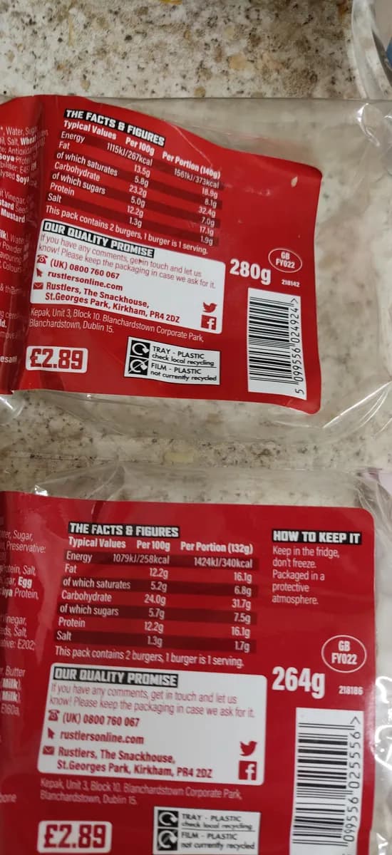 Rustlers Burger — 280g to 264g