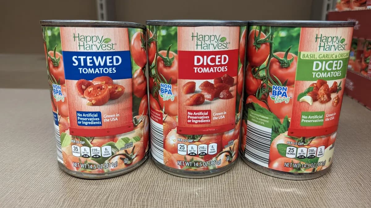 Happy Harvest canned stewed tomatoes — 15oz to 14.5oz