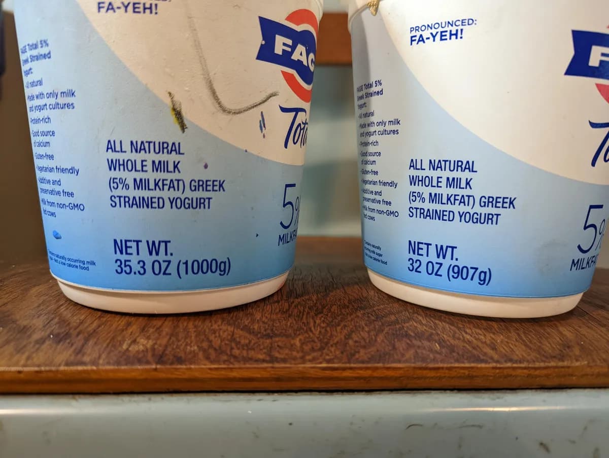 Fage yogurt — 1000g to 907g