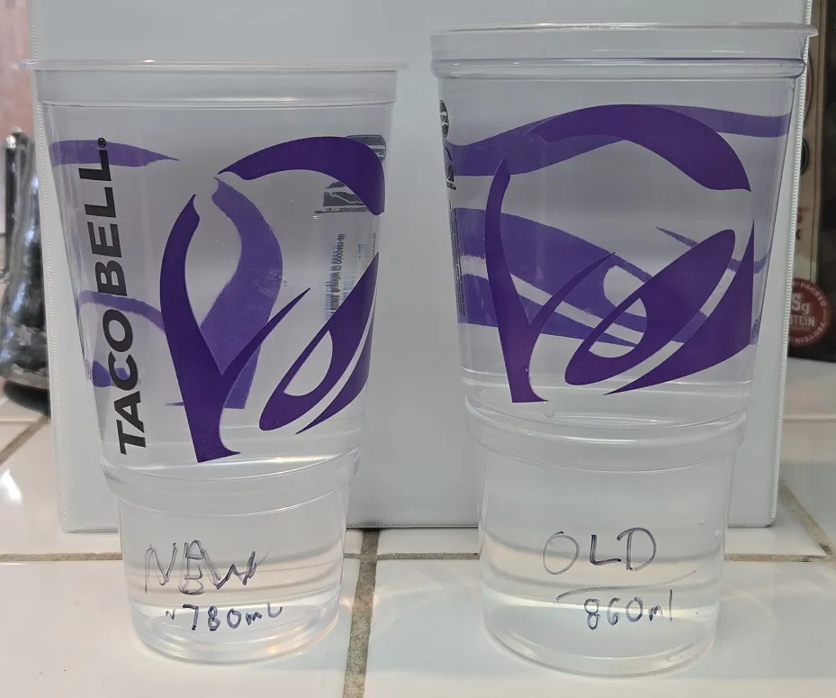 Taco Bell Large size beverage — 860ml to 780ml