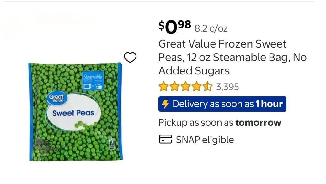 Great Value peas — 16oz to 12oz